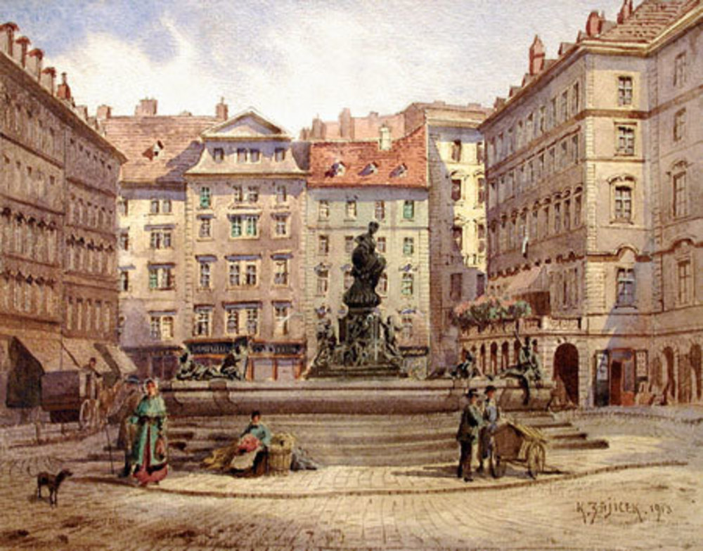 Neuer Markt mit dem Blick auf den Donnerbrunnen. / Wikimedia Commons, CC0 Zeichnung des Neuen Markts mit Blick auf den Donnerbrunnen von C.W. Zajicek. Datiert 1913.